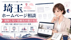 埼玉でホームページ相談を検討する女性経営者向けに、依頼先の選び方、費用、実績、運用改善の確認ポイントをまとめたビジネス調のアイキャッチ画像