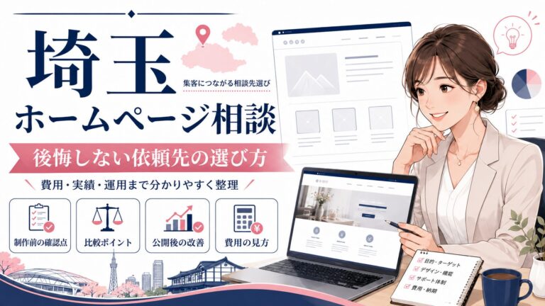 埼玉でホームページ相談を検討する女性経営者向けに、依頼先の選び方、費用、実績、運用改善の確認ポイントをまとめたビジネス調のアイキャッチ画像