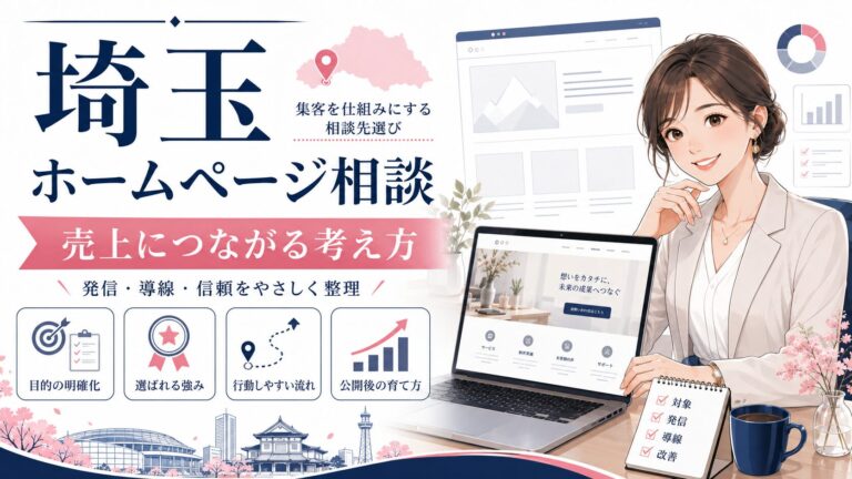 埼玉でホームページ相談を考える女性経営者向けに、売上につながる考え方を「目的の明確化」「選ばれる強み」「行動しやすい流れ」「公開後の育て方」の4つの視点で紹介したアイキャッチ画像