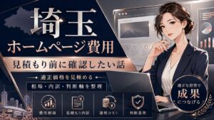 埼玉でホームページ費用を検討する女性経営者向けに、見積もり前に確認したい費用相場・内訳・運用コスト・判断基準をメタリック調でまとめたアイキャッチ画像
