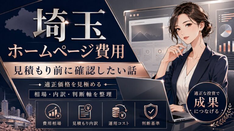 埼玉でホームページ費用を検討する女性経営者向けに、見積もり前に確認したい費用相場・内訳・運用コスト・判断基準をメタリック調でまとめたアイキャッチ画像