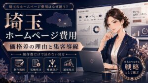 埼玉のホームページ費用がなぜ違うのかを、制作範囲・見積項目・導線設計・運用視点から解説する女性経営者向けの高級感あるアイキャッチ画像