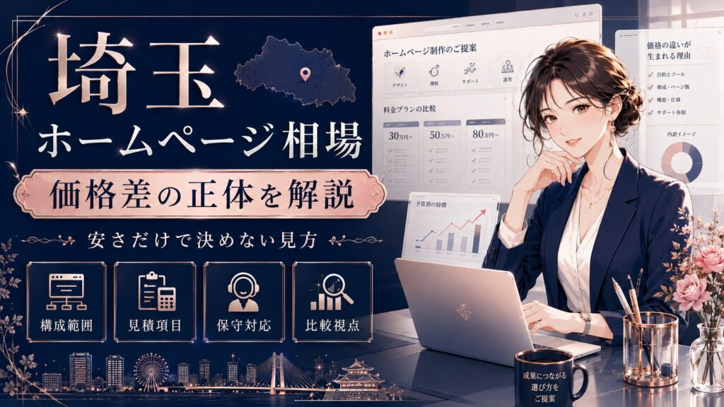埼玉のホームページ相場を調べる女性経営者向けに、価格差の正体や見積項目、保守対応、比較視点を分かりやすく整理したビジネス調のアイキャッチ画像