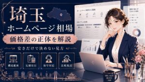 埼玉のホームページ相場を調べる女性経営者向けに、価格差の正体や見積項目、保守対応、比較視点を分かりやすく整理したビジネス調のアイキャッチ画像