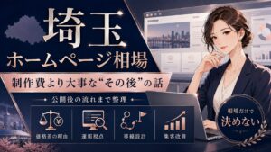 埼玉のホームページ相場を知りたい女性経営者向けに、制作費だけでなく公開後の運用視点・導線設計・集客改善まで整理したビジネス調のアイキャッチ画像