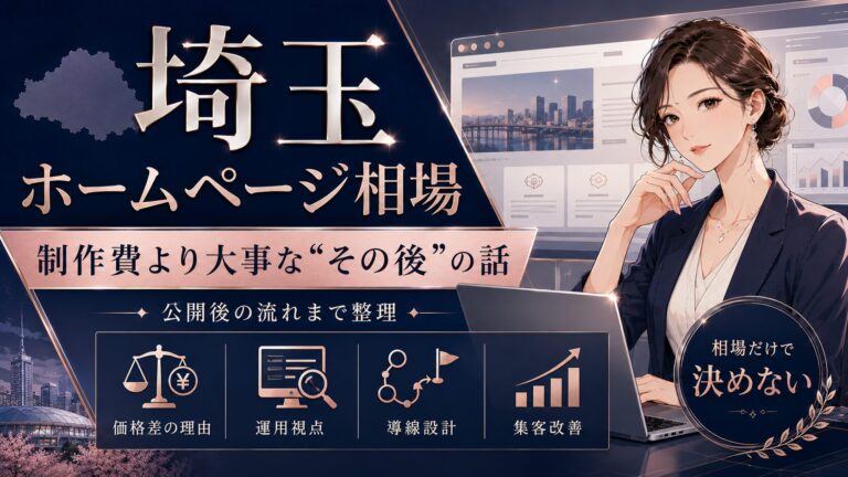 埼玉のホームページ相場を知りたい女性経営者向けに、制作費だけでなく公開後の運用視点・導線設計・集客改善まで整理したビジネス調のアイキャッチ画像