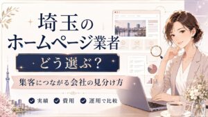 埼玉でホームページ業者を探している女性経営者向けに、実績・費用・運用を比較し、集客につながる会社の見分け方を伝えるアイキャッチ画像