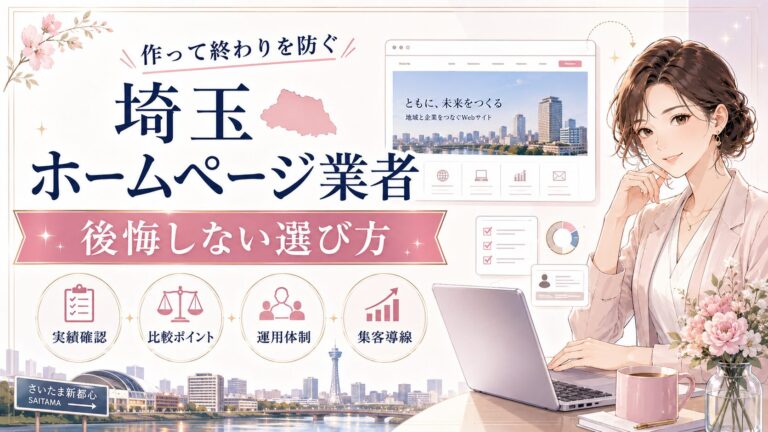 埼玉でホームページ業者を探している女性経営者向けに、作って終わりを防ぎ、実績確認・比較ポイント・運用体制・集客導線を整理したアイキャッチ画像