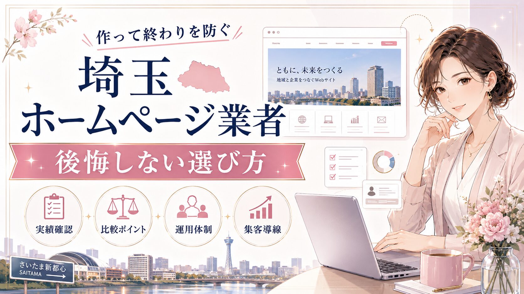 埼玉でホームページ業者を探している女性経営者向けに、作って終わりを防ぎ、実績確認・比較ポイント・運用体制・集客導線を整理したアイキャッチ画像