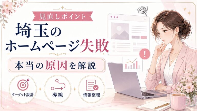 埼玉のホームページ失敗で悩む女性経営者向けに、デザイン以外の本当の原因としてターゲット設計・導線・情報整理の見直しポイントを伝えるアイキャッチ画像