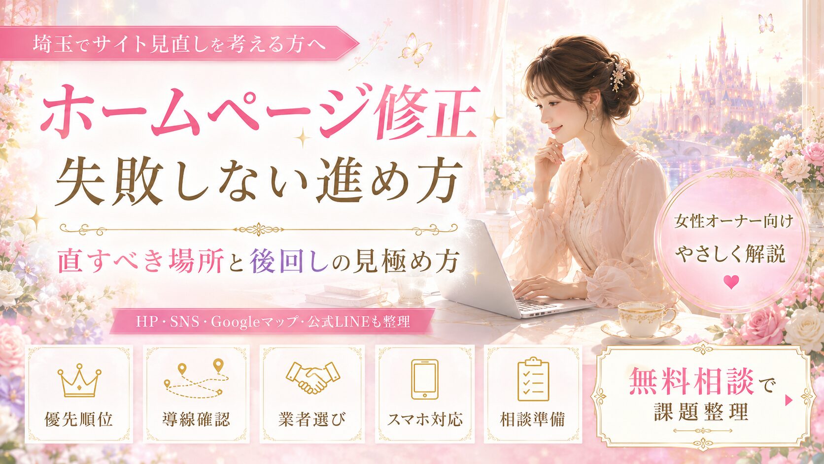 埼玉でホームページ修正を検討する女性オーナー向けに、失敗しない進め方や直すべき場所、後回しにしてよい箇所を解説するファンタジー調のアイキャッチ画像