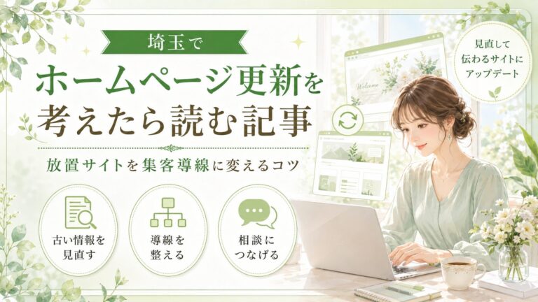 埼玉でホームページ更新を検討する女性経営者向けに、古い情報の見直しや導線整理、相談につなげる方法を解説するグリーン系イラスト調のアイキャッチ画像