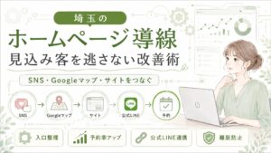埼玉でホームページ導線を改善したい女性経営者向けに、SNS・Googleマップ・サイト・公式LINE・予約までの流れを整える方法を解説するグリーン系メカニック調のアイキャッチ画像