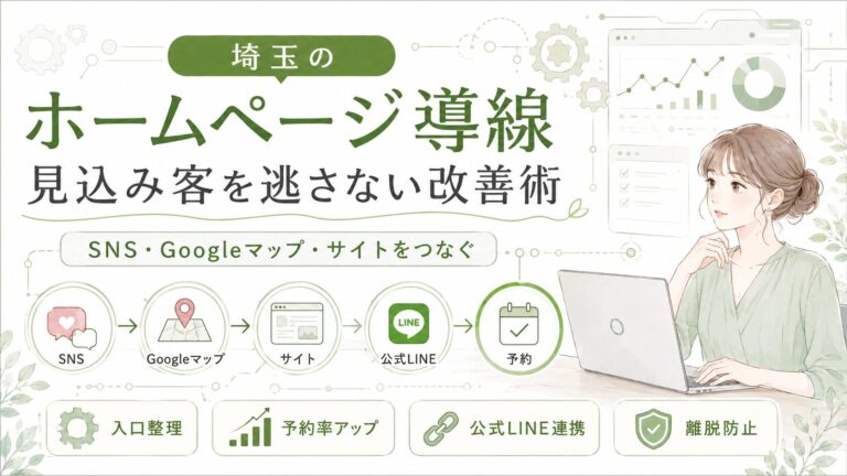 埼玉でホームページ導線を改善したい女性経営者向けに、SNS・Googleマップ・サイト・公式LINE・予約までの流れを整える方法を解説するグリーン系メカニック調のアイキャッチ画像
