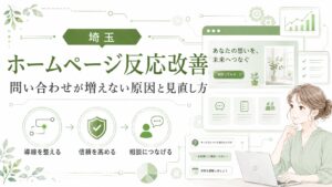 埼玉でホームページ反応改善をしたい女性経営者向けに、問い合わせが増えない原因と導線・信頼・相談導線の見直し方を解説するグリーン系機械調のアイキャッチ画像