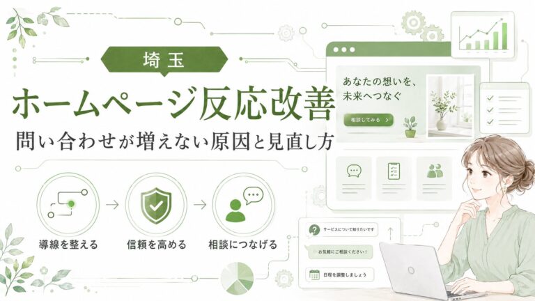 埼玉でホームページ反応改善をしたい女性経営者向けに、問い合わせが増えない原因と導線・信頼・相談導線の見直し方を解説するグリーン系機械調のアイキャッチ画像