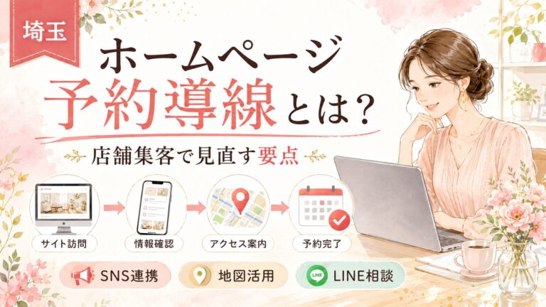 埼玉の女性経営者向けに、ホームページ予約導線の見直しポイントをやさしいイラストで紹介したアイキャッチ画像。サイト訪問から情報確認、アクセス案内、予約完了までの流れと、SNS連携・地図活用・LINE相談の要素が描かれている。