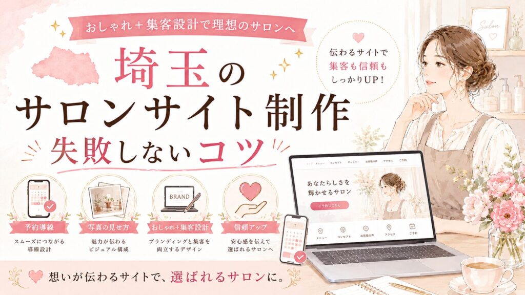 埼玉でサロンサイト制作を検討する女性経営者向けに、予約導線・写真の見せ方・集客設計・信頼アップのポイントを紹介するイラスト調のアイキャッチ画像