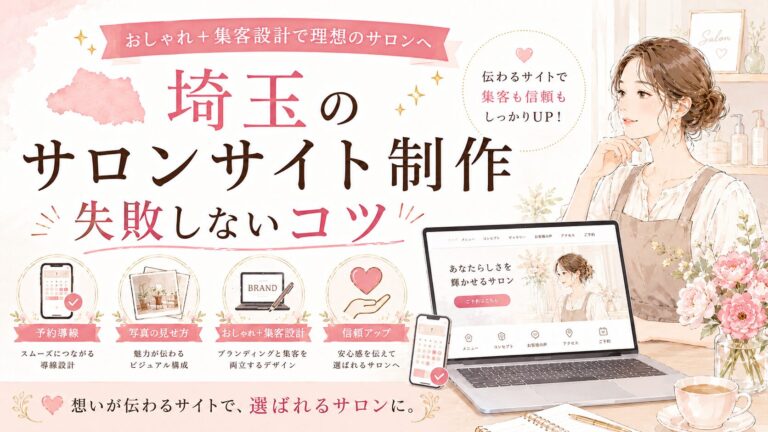 埼玉でサロンサイト制作を検討する女性経営者向けに、予約導線・写真の見せ方・集客設計・信頼アップのポイントを紹介するイラスト調のアイキャッチ画像