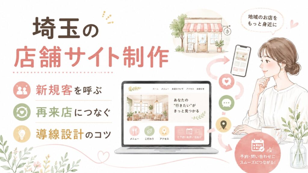 埼玉で店舗サイト制作を検討する女性経営者向けに、新規客を呼び込み、再来店につなげる導線設計のコツを紹介するイラスト調のアイキャッチ画像