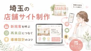 埼玉で店舗サイト制作を検討する女性経営者向けに、新規客を呼び込み、再来店につなげる導線設計のコツを紹介するイラスト調のアイキャッチ画像