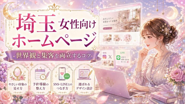 埼玉で女性向けホームページを作りたい女性経営者向けに、世界観と集客を両立するデザイン設計、予約導線、SNS・LINE連携を紹介するファンタジー調のアイキャッチ画像