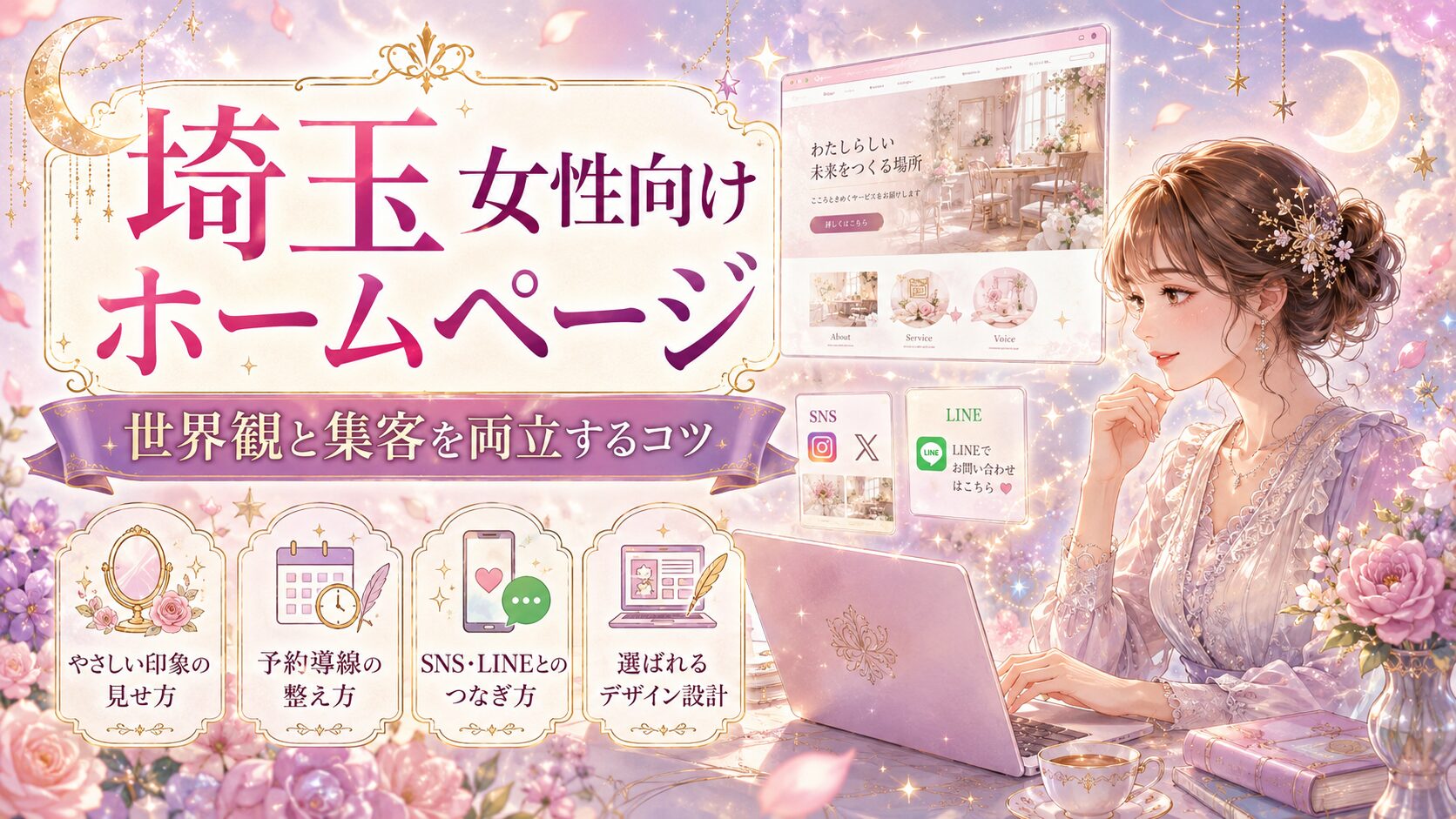 埼玉で女性向けホームページを作りたい女性経営者向けに、世界観と集客を両立するデザイン設計、予約導線、SNS・LINE連携を紹介するファンタジー調のアイキャッチ画像