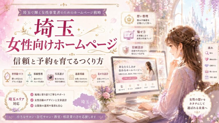 埼玉で女性向けホームページを作りたい女性経営者向けに、信頼感・予約導線・世界観づくり・写真選び・見せ方設計を紹介するファンタジー調のアイキャッチ画像
