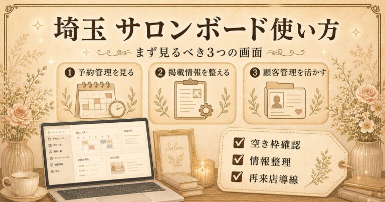 埼玉のサロンボードの使い方として、予約管理・掲載情報・顧客管理の3つの画面を見直すポイントをまとめたアイキャッチ画像