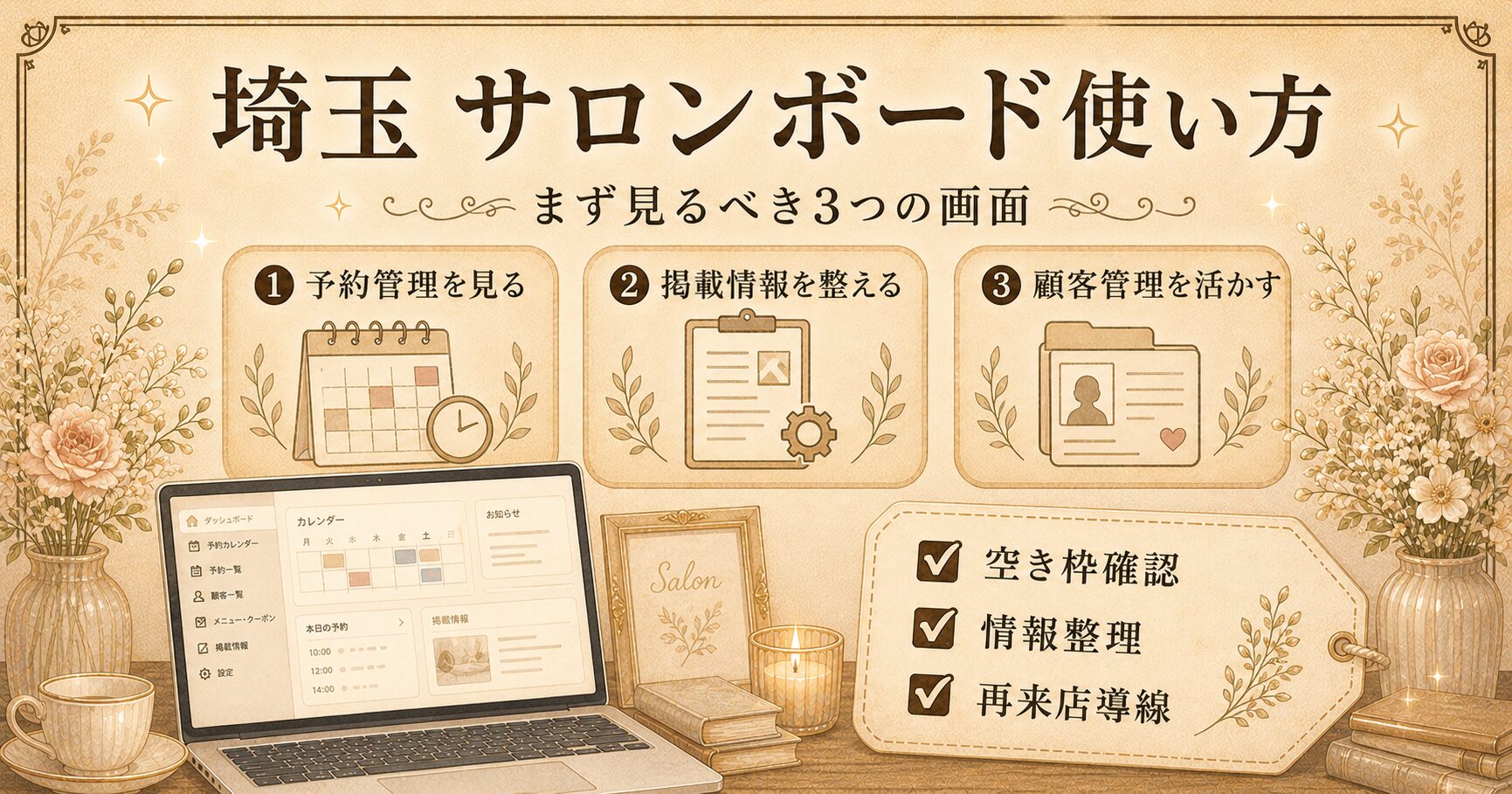 埼玉のサロンボードの使い方として、予約管理・掲載情報・顧客管理の3つの画面を見直すポイントをまとめたアイキャッチ画像