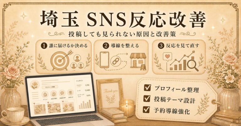 埼玉のSNS反応改善として、誰に届けるか・導線設計・反応分析の3つを見直すポイントをまとめたアイキャッチ画像