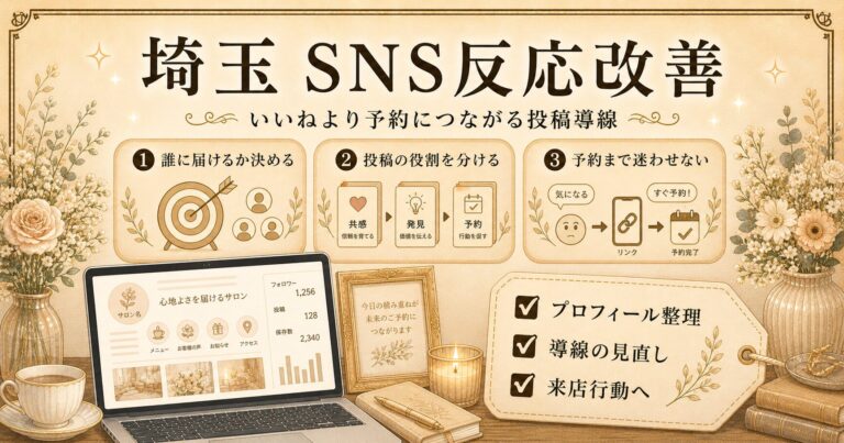 埼玉のSNS反応改善として、いいねより予約につながる投稿導線を整えるポイントをまとめたアイキャッチ画像