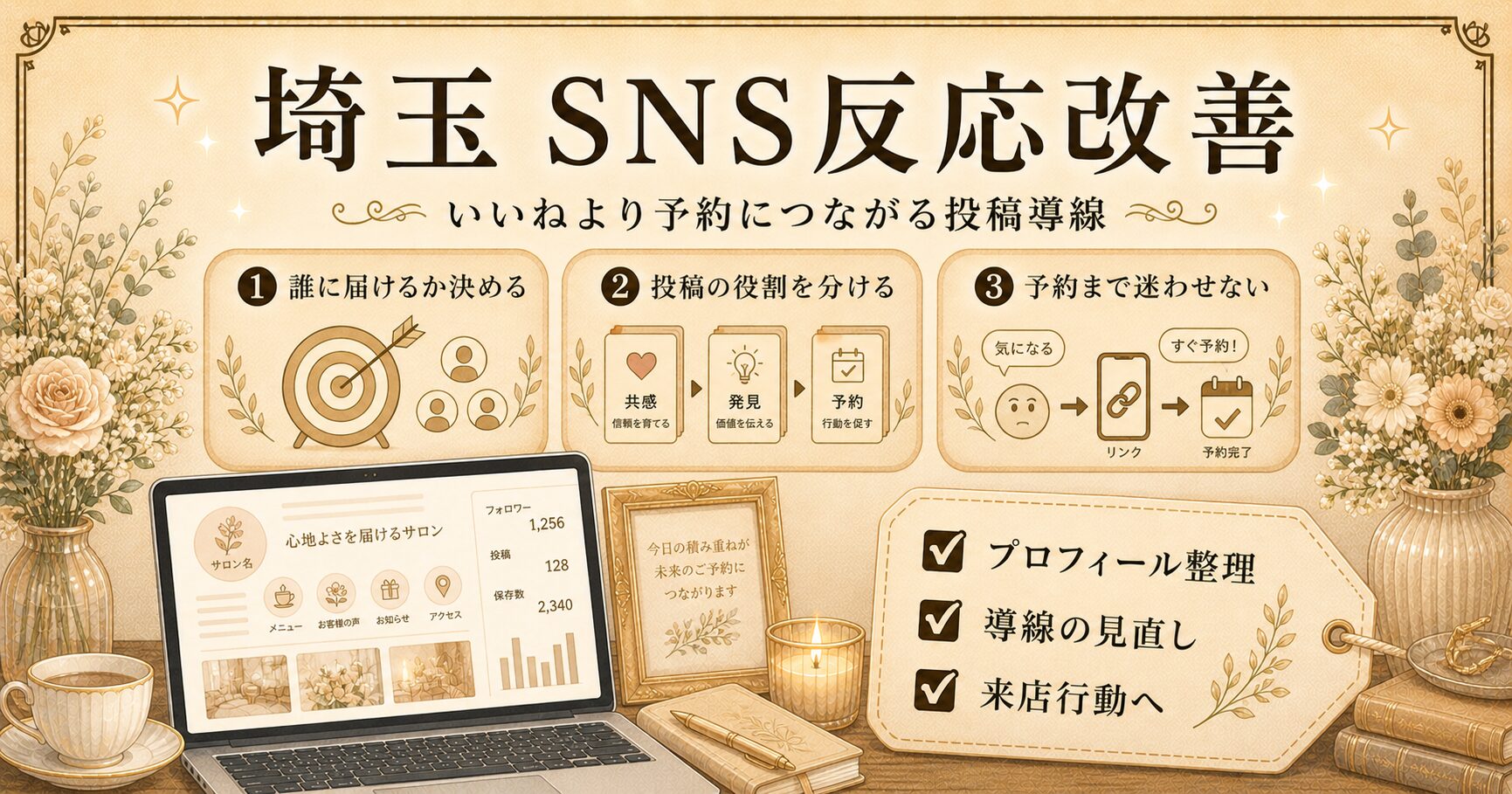 埼玉のSNS反応改善として、いいねより予約につながる投稿導線を整えるポイントをまとめたアイキャッチ画像