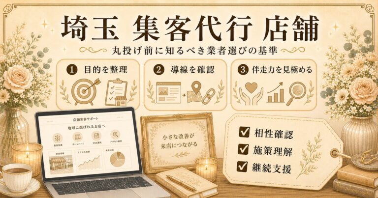 埼玉の店舗向け集客代行として、目的整理・導線確認・伴走力を見極める業者選びの基準をまとめたアイキャッチ画像