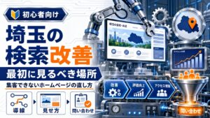 埼玉の検索改善で最初に見るべき場所を、機械や分析パネルで表現したSEO改善記事のアイキャッチ画像。