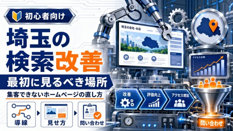 埼玉の検索改善で最初に見るべき場所を、機械や分析パネルで表現したSEO改善記事のアイキャッチ画像。