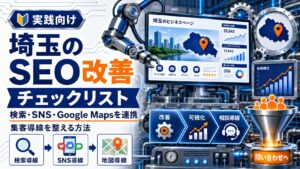 埼玉SEO改善チェックリストを機械や分析画面で表現し、検索・SNS・Google Mapsを連携して集客導線を整える内容を示した画像。