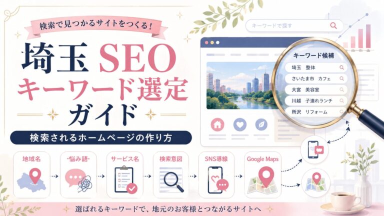 埼玉SEOキーワード選定ガイドのアイキャッチ画像。地域名・悩み語・サービス名・検索意図を整理し、検索されるホームページ作りを表現したデザイン。