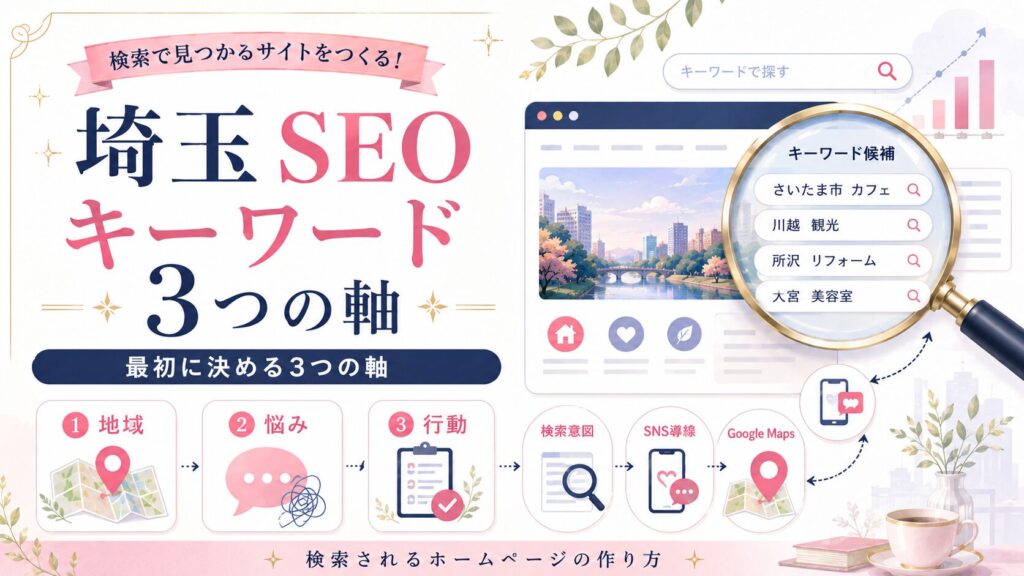 埼玉SEOキーワードの3つの軸を、地域・悩み・行動で整理し、検索されるホームページの作り方を表現したアイキャッチ画像。