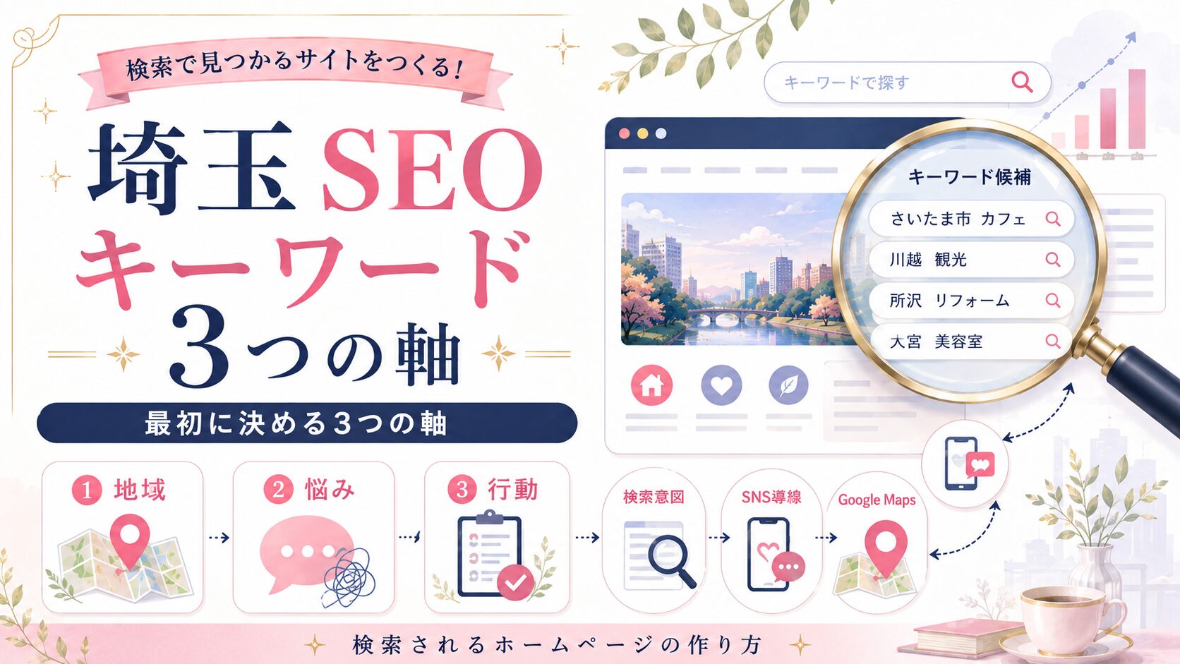 埼玉SEOキーワードの3つの軸を、地域・悩み・行動で整理し、検索されるホームページの作り方を表現したアイキャッチ画像。