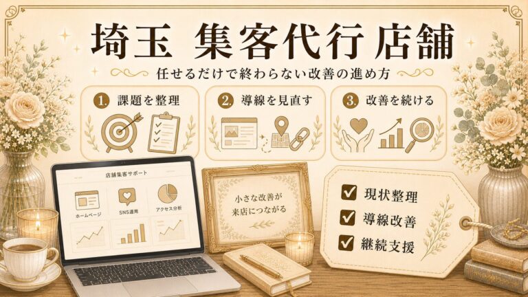 埼玉の店舗向け集客代行として、課題整理・導線改善・継続支援の進め方をまとめたアイキャッチ画像