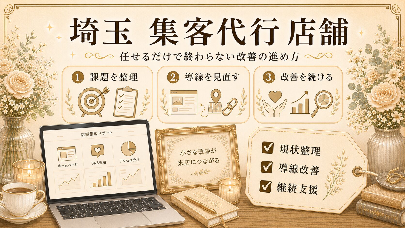 埼玉の店舗向け集客代行として、課題整理・導線改善・継続支援の進め方をまとめたアイキャッチ画像