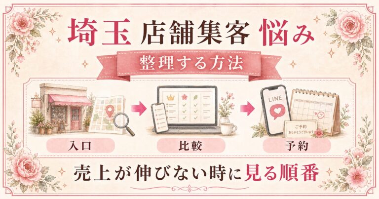埼玉の店舗集客の悩みを、入口・比較・予約の流れで整理し、売上が伸びない時に見る順番を示したアイキャッチ画像