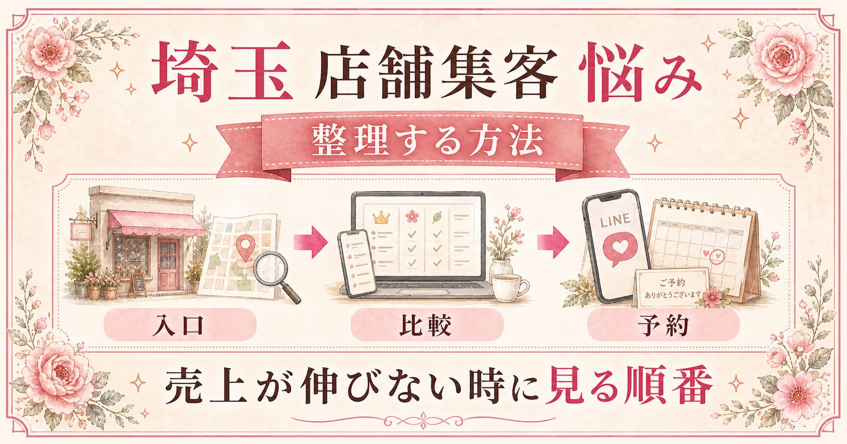 埼玉の店舗集客の悩みを、入口・比較・予約の流れで整理し、売上が伸びない時に見る順番を示したアイキャッチ画像