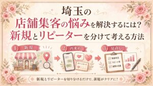 埼玉の店舗集客の悩みを、新規客とリピーターに分けて整理し、集客改善の見直し順を示したアイキャッチ画像
