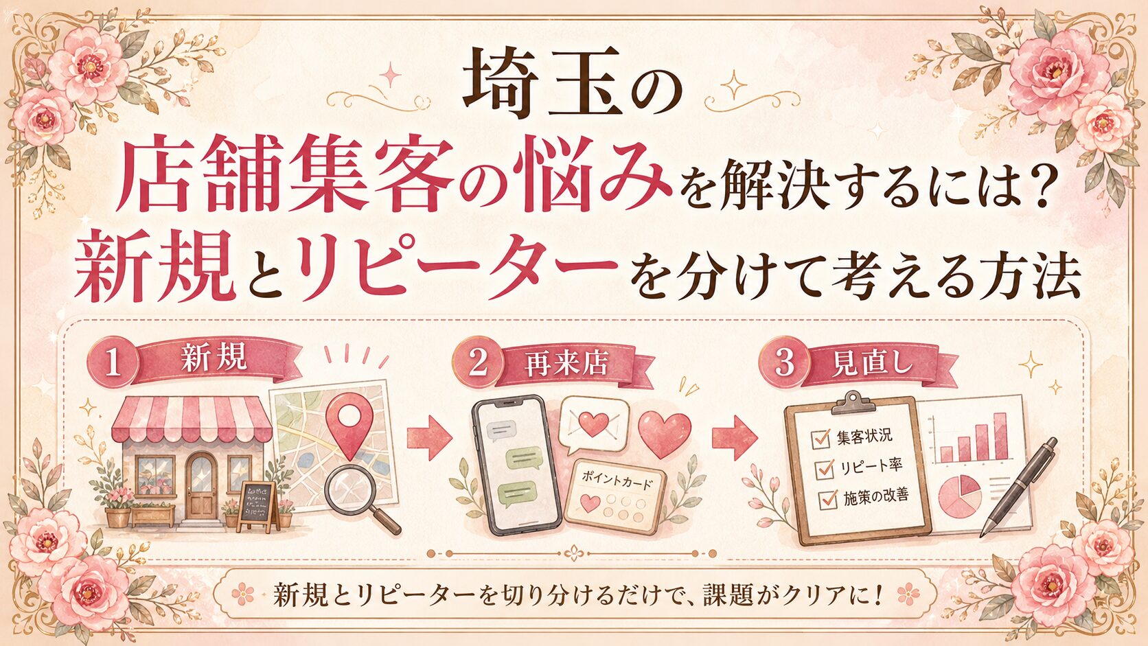 埼玉の店舗集客の悩みを、新規客とリピーターに分けて整理し、集客改善の見直し順を示したアイキャッチ画像