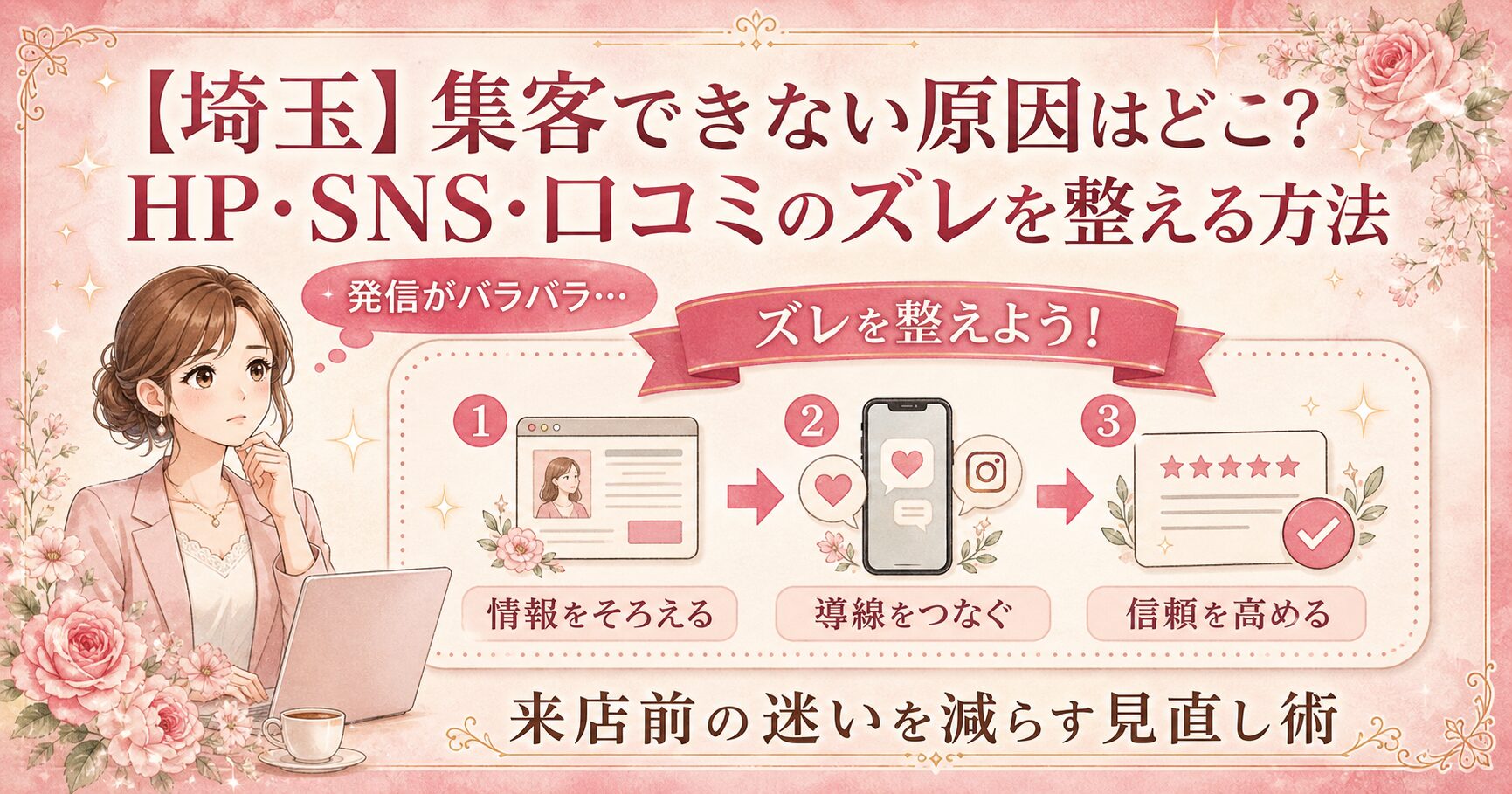 埼玉で集客できない原因を、HP・SNS・口コミのズレから整理し、情報・導線・信頼を整える流れを示したアイキャッチ画像