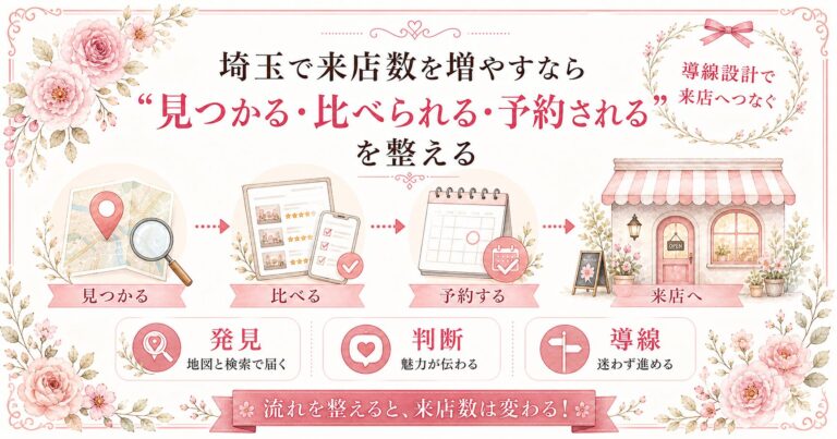 埼玉で来店数を増やすために、見つかる・比べる・予約する・来店へ進む流れを整理したアイキャッチ画像
