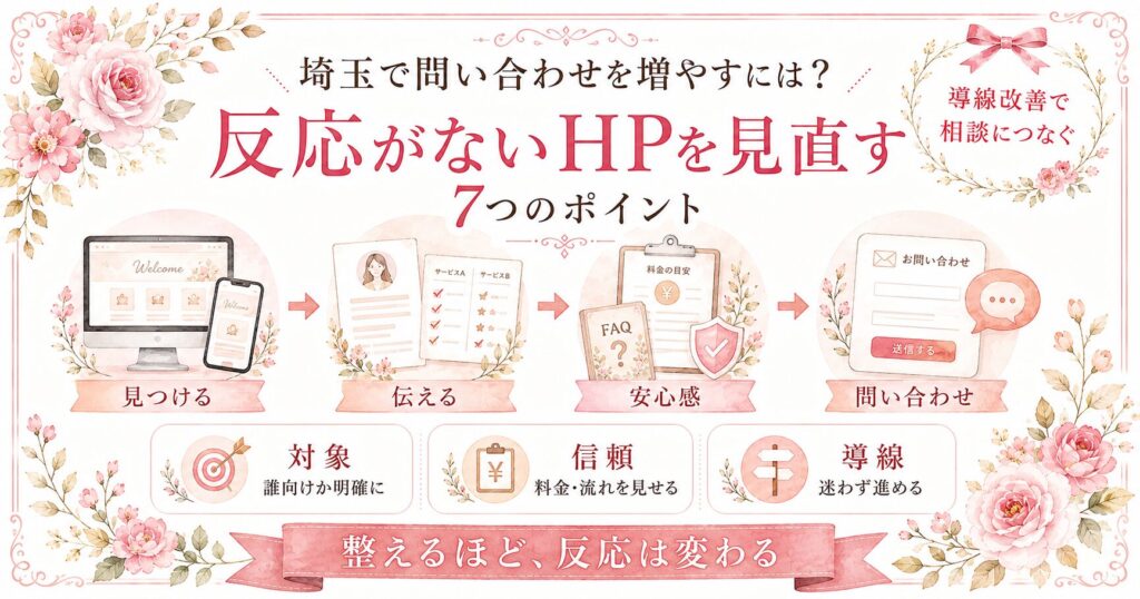埼玉で問い合わせを増やすために、反応がないHPの導線や信頼設計を見直す7つのポイントを示した女性向けイラスト