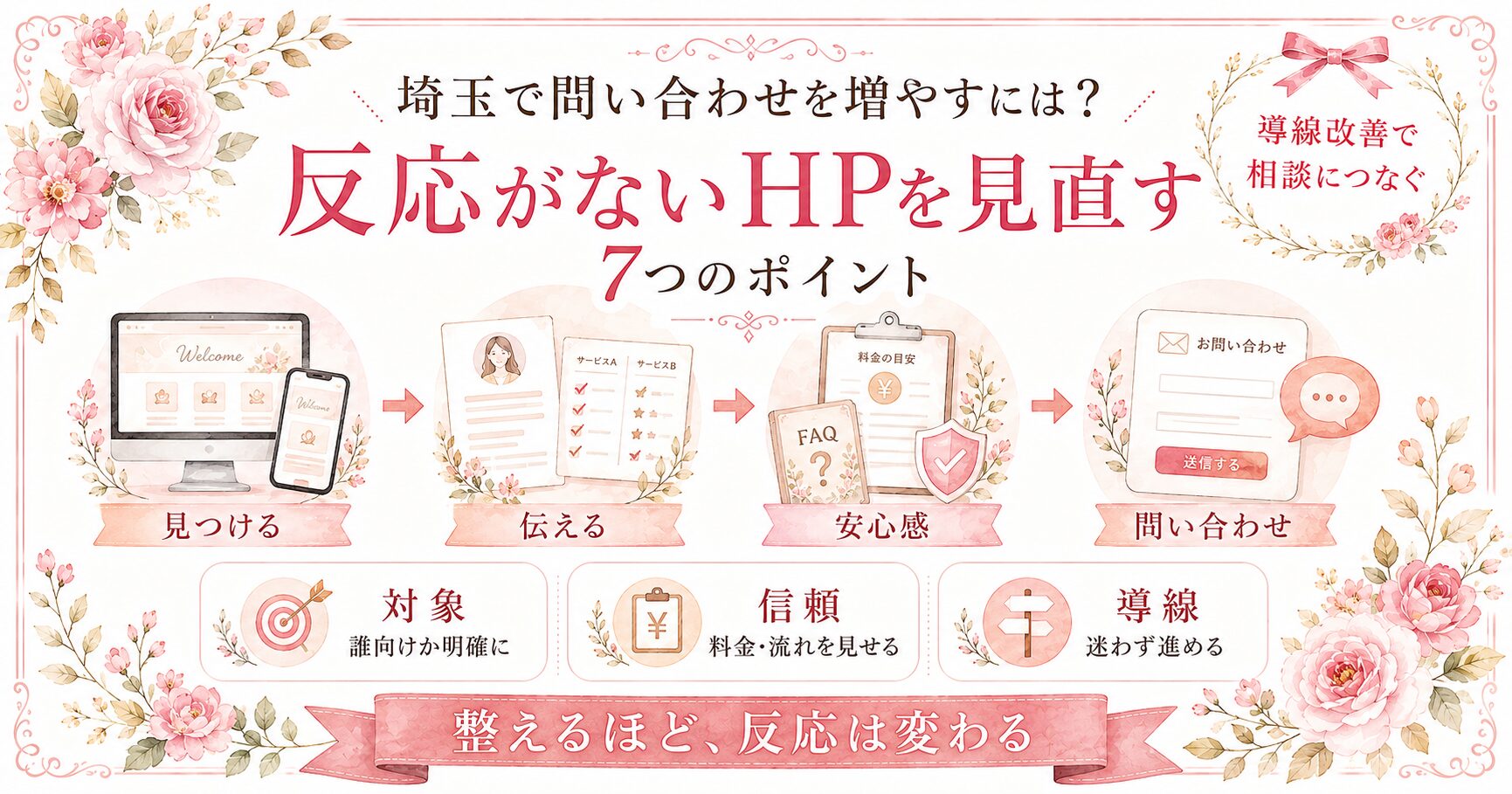埼玉で問い合わせを増やすために、反応がないHPの導線や信頼設計を見直す7つのポイントを示した女性向けイラスト